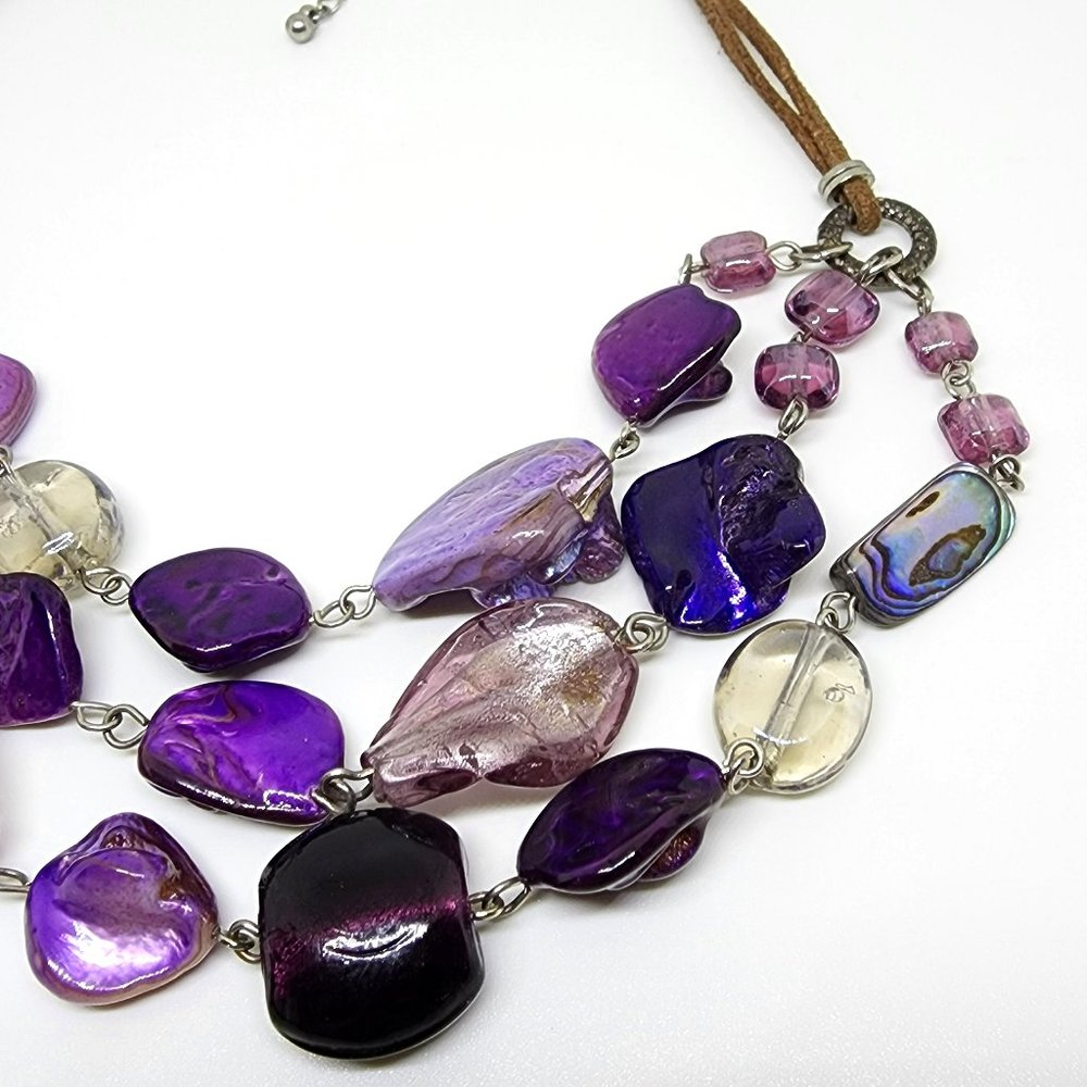 Purple Glass and Abalone Mother-of-Pearl Triple Strand Leather Chain Necklace - Picture 12 of 14